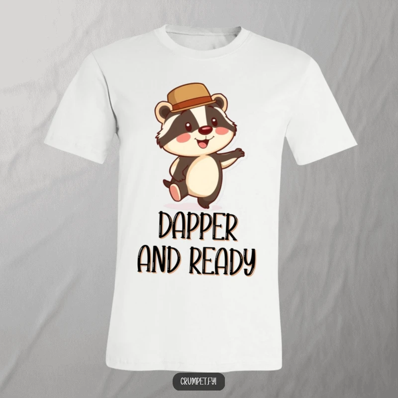 Funny Badger T-Shirt: A smiling badger in a bowler hat taps its foot energetically, conveying dapper style and joyful movement.