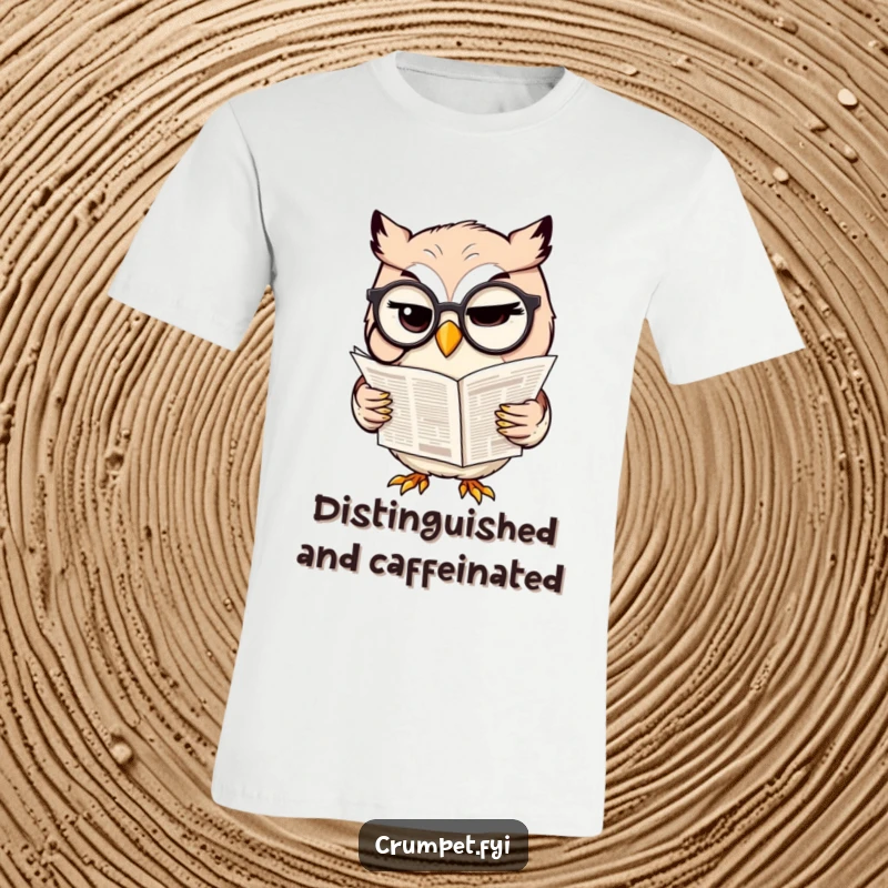 Funny t-shirt depicting a winking owl with a monocle, reading a small newspaper, embodying intellectual humor.