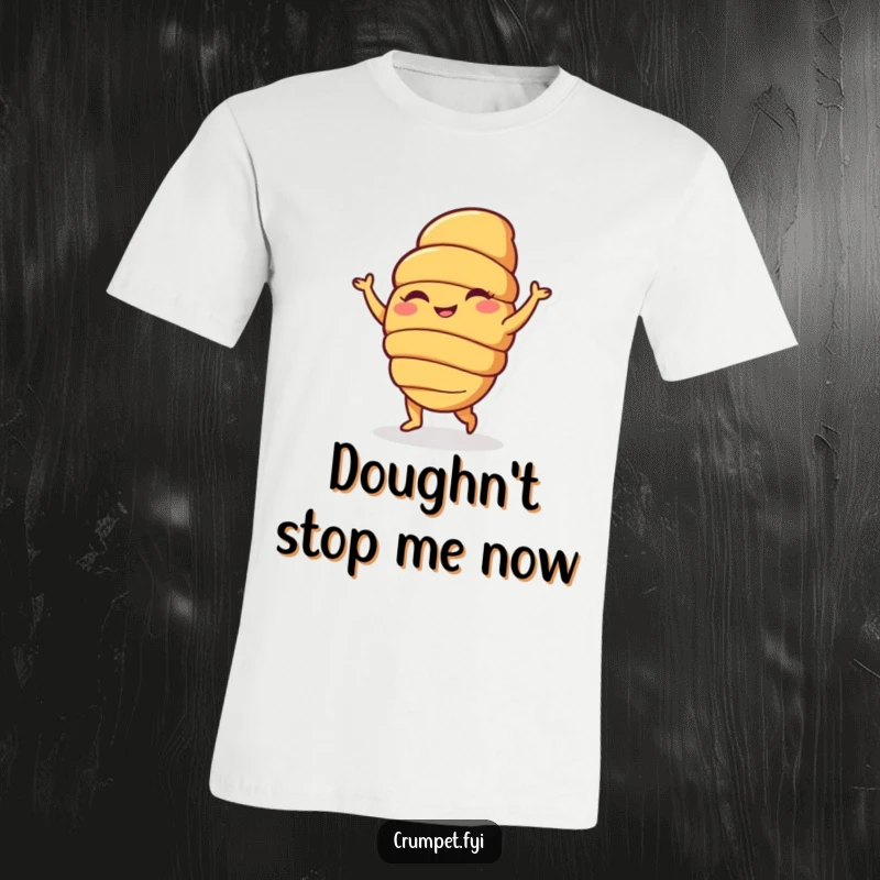 Funny t-shirt featuring a happy croissant character doing a silly dance, exuding baked goods humor and playful energy, ideal funny gift.