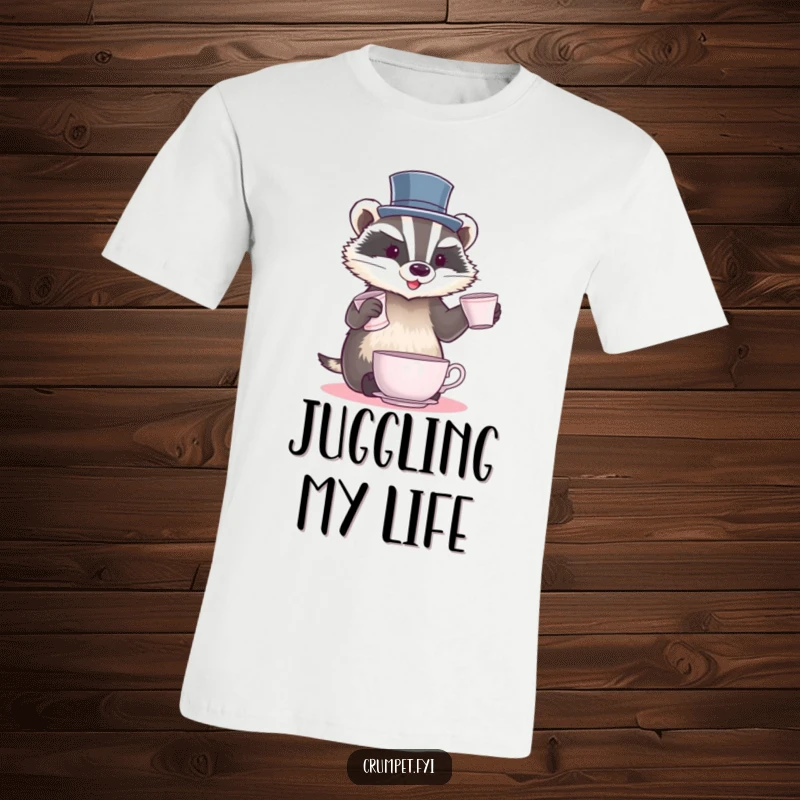 Funny Badger T-Shirt showing a sophisticated badger wearing a tiny top hat, juggling multiple teacups with impressive dexterity.