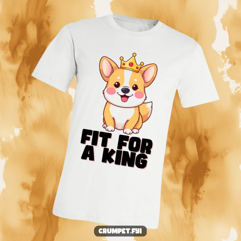 Funny happy corgi t-shirt wearing a small crown, its tail wagging with pure delight, a royal doggy fashion statement.
