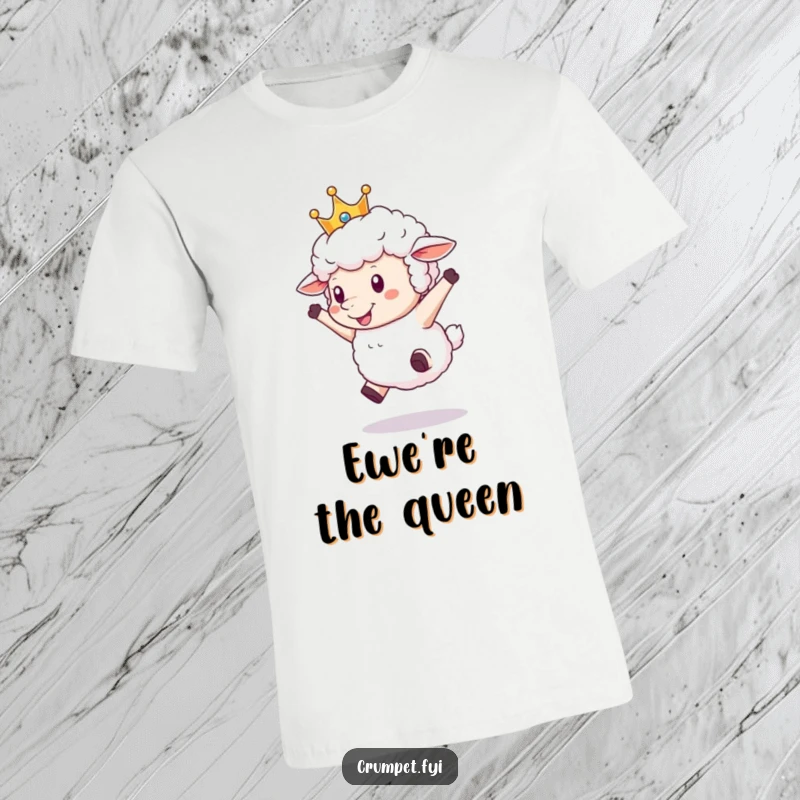 Funny Sheep T-Shirt featuring a fluffy sheep with a crown, captured mid-leap in a joyful, energetic pose.