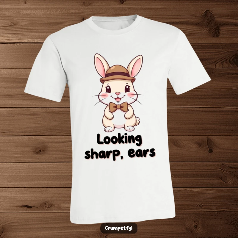 Funny t-shirt featuring a happy rabbit looking dapper in a tiny bowler hat and a neat bow tie.