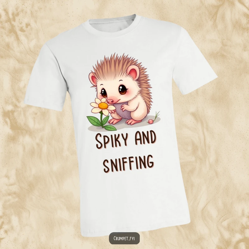 Funny echidna t-shirt depicting a curious echidna with wide eyes sniffing a flower. A unique and humorous design for nature lovers.