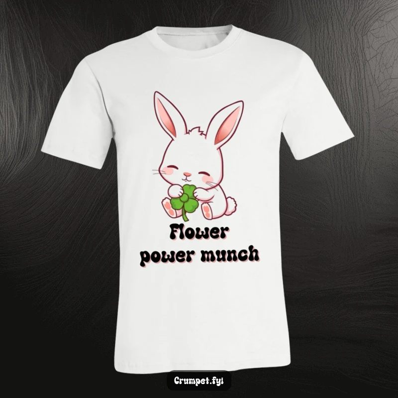 Funny rabbit with perked ears contentedly nibbling a stylized garden flower on a soft tee. A delightful funny gift.