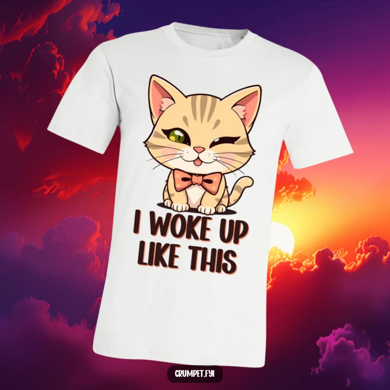 Funny mischievous cat sporting a bowtie, winking slyly on a t-shirt, a charming funny present.