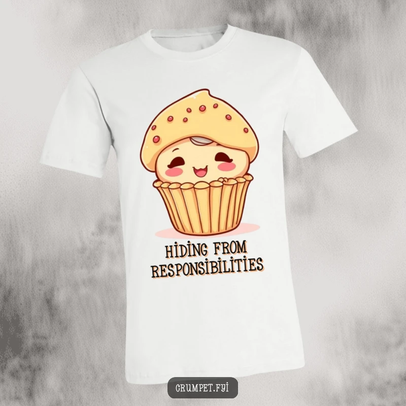 Funny playful muffin character peeking out from behind another pastry on a t-shirt, embodying sweet curiosity.