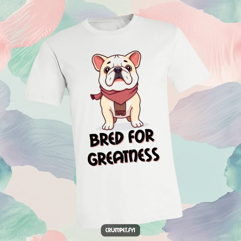 Funny proud bulldog with a scarf, standing tall and resolute on a t-shirt, a great funny present.