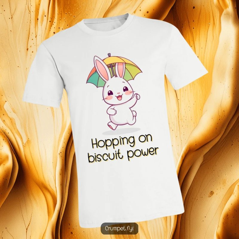 Funny rabbit t-shirt, happy animal hopping with biscuit, cheerful cartoon design, joyful wildlife graphic, unique gift.