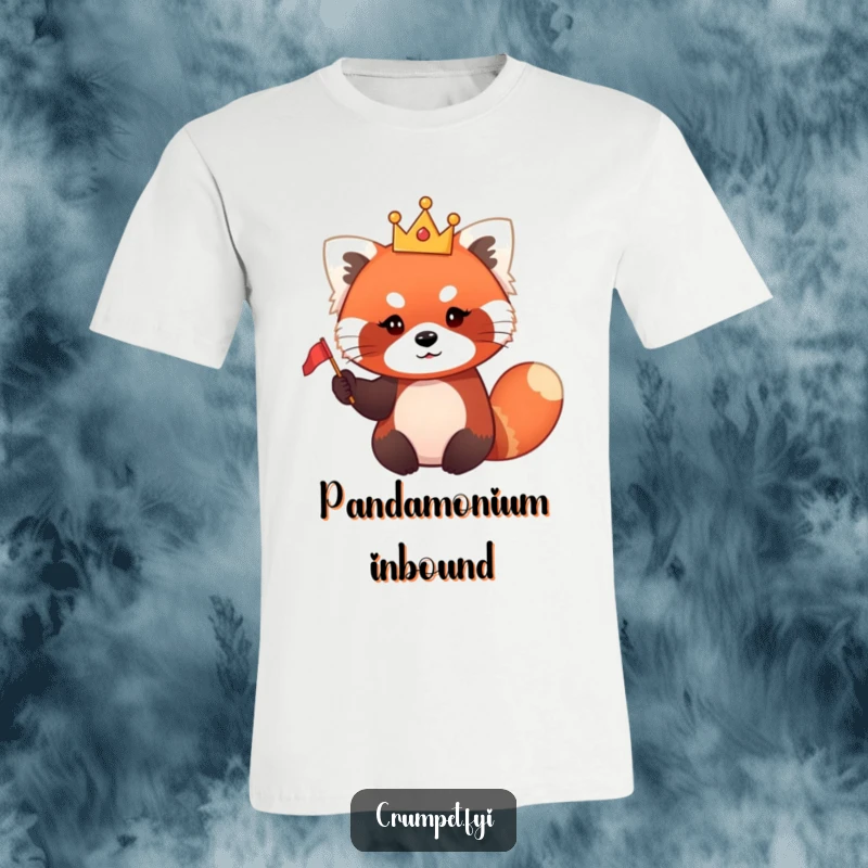 Funny red panda t-shirt with a cute red panda character wearing a small crown and waving a flag enthusiastically.