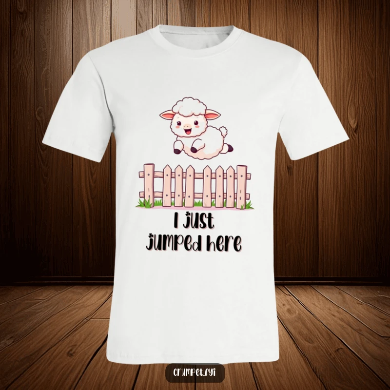 Funny sheep t-shirt showing a fluffy sheep hilariously jumping over a picket fence, radiating energetic fun and farmyard antics.