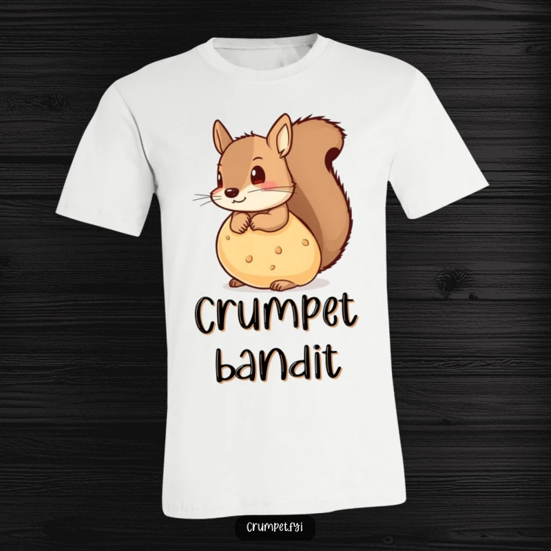 Funny t-shirt depicting a mischievous squirrel peeking over a large crumpet with a playful expression.