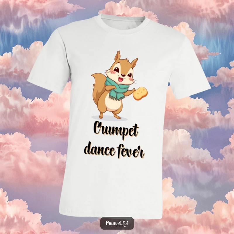 Funny squirrel in a scarf performing a silly jig with a crumpet, humorous woodland creature tee.