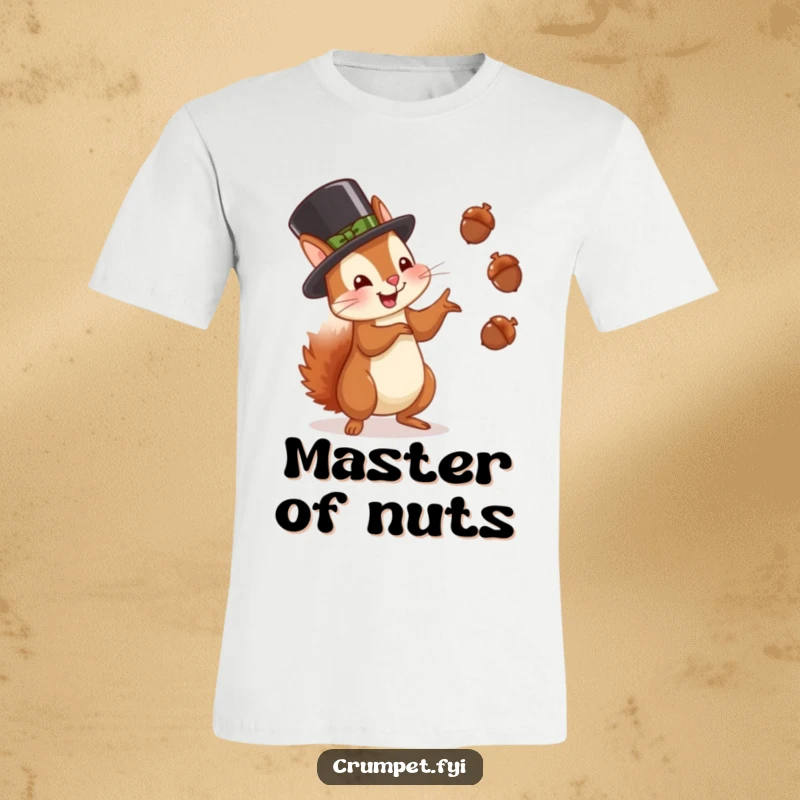 Funny squirrel t-shirt featuring a squirrel in a bowler hat juggling acorns with glee, ideal funny gift for friends.