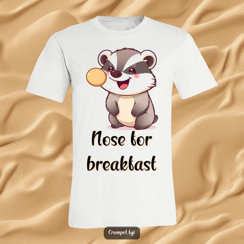 Funny t-shirt depicting a smiling badger with impressive balance, juggling a crumpet on its nose, for a humorous and playful look.