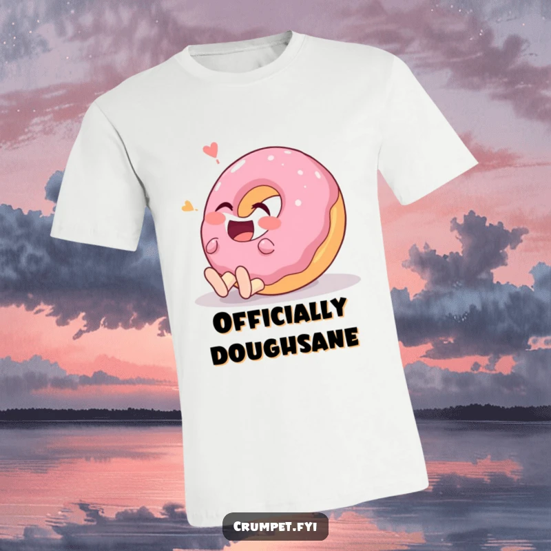 Funny donut character rolling on the ground laughing uncontrollably on a t-shirt, a symbol of pure mirth.