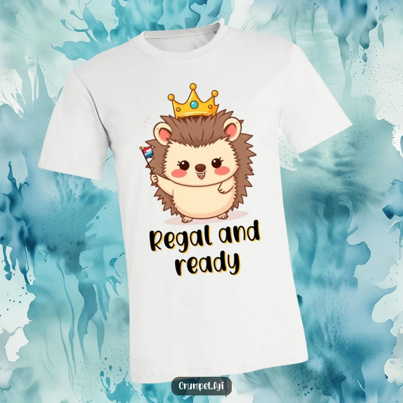 Funny t-shirt print of a happy hedgehog adorned with a crown, enthusiastically waving a small flag with a regal smile.