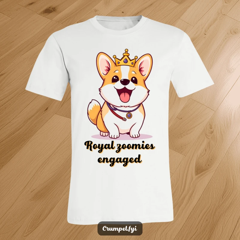 Funny Corgi T-Shirt: An excited corgi wearing royal regalia wags its tail vigorously, showcasing pure canine joy and regal fun.