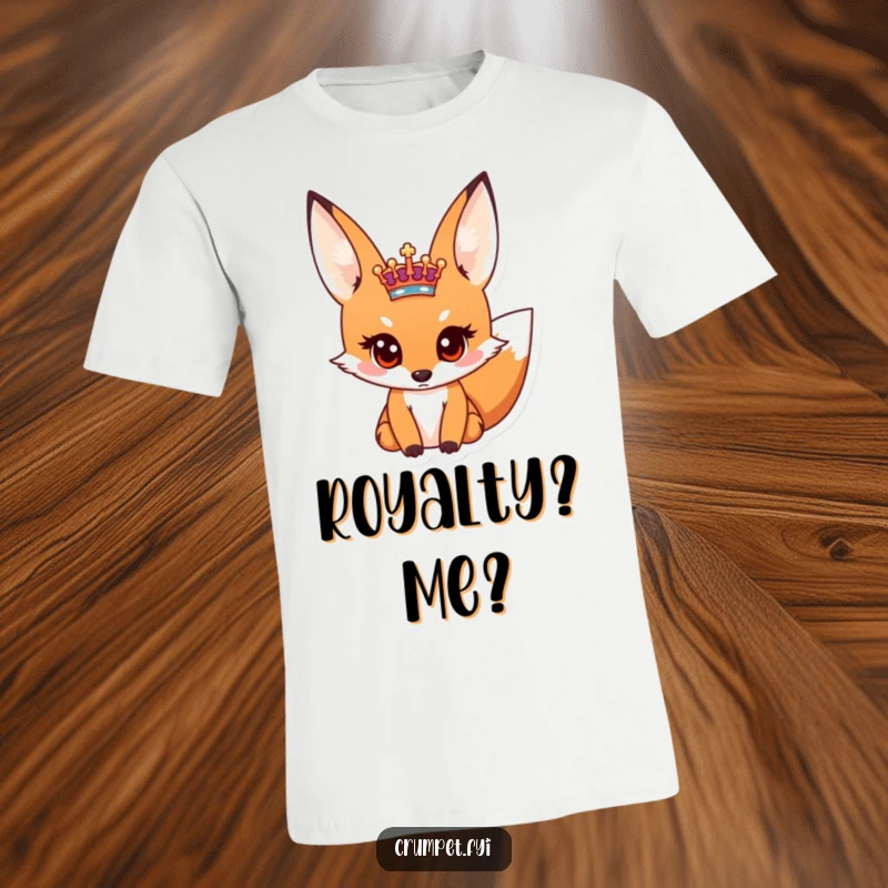 Funny t-shirt featuring a curious fox with wide eyes examining a miniature royal crest, designed for humor lovers.