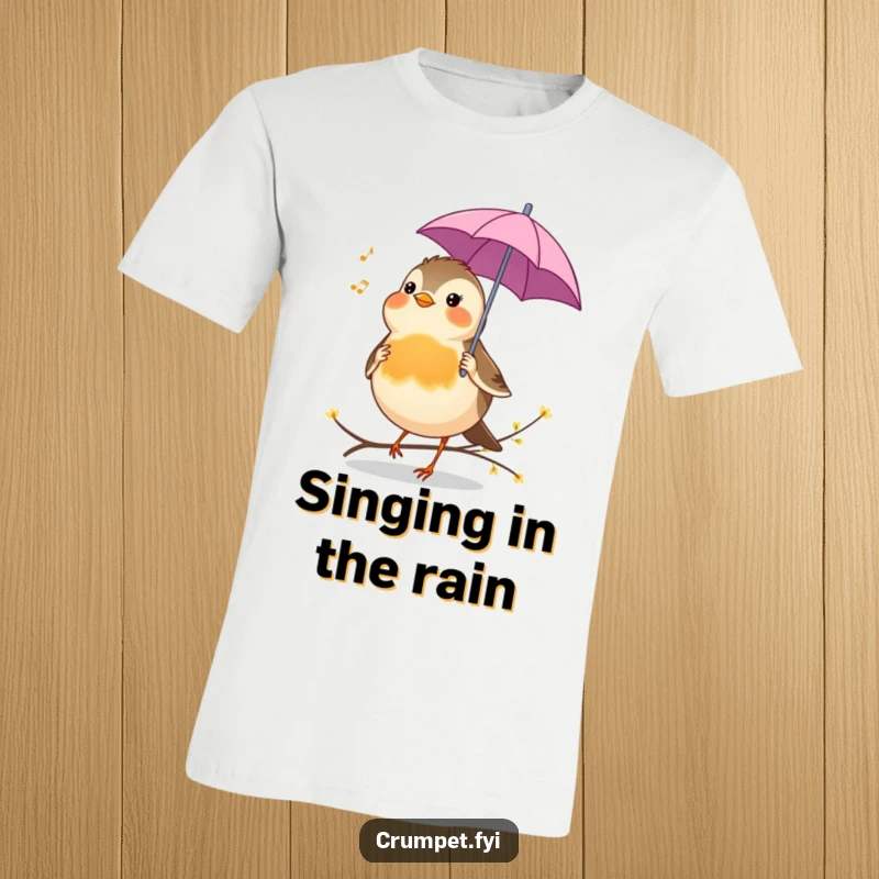 Funny T-Shirt depicting a cheerful robin holding a tiny umbrella, singing a tune, perfect for comfortable, happy wear.