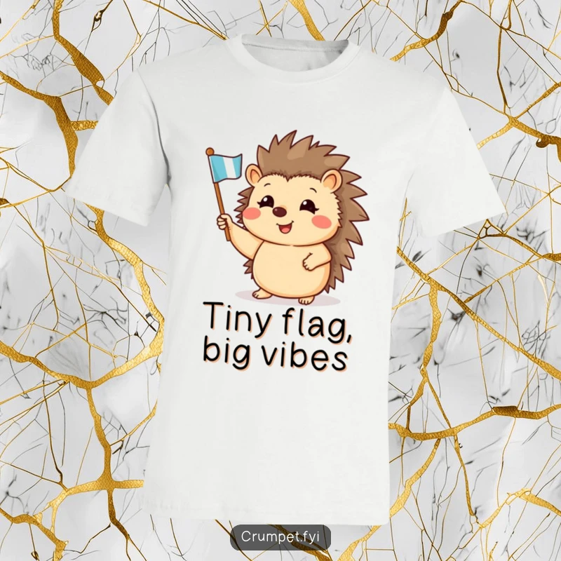 Funny t-shirt with a whimsical hedgehog cheerfully waving a small flag, conveying pure happiness and fun.
