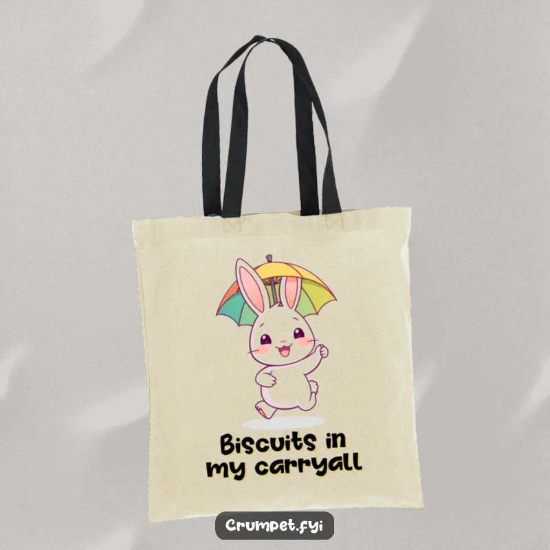 Funny rabbit tote bag, reusable shopping bag, happy animal hopping with biscuit, cheerful cartoon design, gift for cheerful people.
