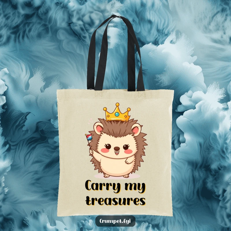 Funny tote bag illustration of a crowned hedgehog happily waving a miniature flag, perfect for carrying daily treasures with cheer.