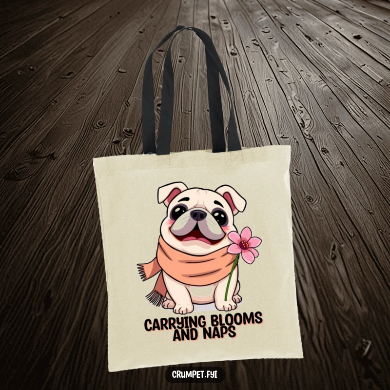 Funny Tote Bag featuring a bulldog in a scarf happily sniffing a flower, perfect for shopping or daily errands with a cute motif.