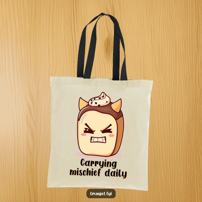 Funny pain au chocolat character winking with a devilish grin on a tote bag, a charmingly mischievous accessory.