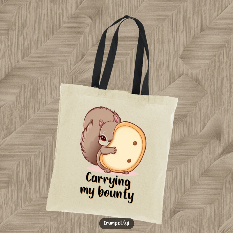 Funny tote bag featuring a mischievous squirrel playfully peeking from behind a large crumpet, perfect for carrying items with humorous charm.