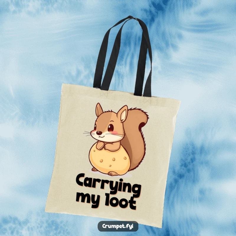 Funny tote bag featuring a mischievous squirrel peeking playfully from behind a large, tempting crumpet.