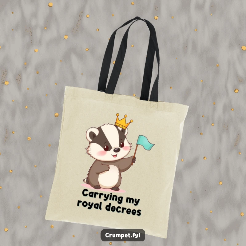 Funny Tote Bag showcasing a cute badger wearing a tiny crown, happily waving a small flag, great for everyday use.
