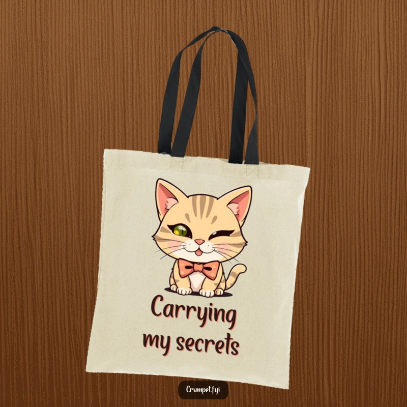 Funny mischievous cat sporting a bowtie, winking coyly, on a durable tote bag, a stylish funny item.