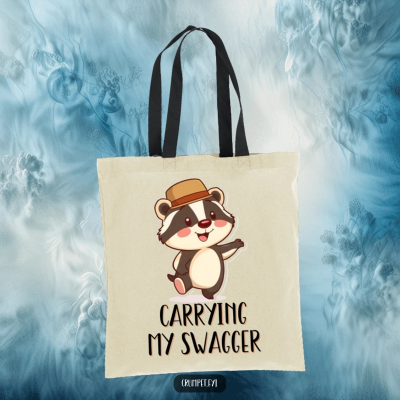 Funny Badger Tote Bag: A smiling badger wearing a bowler hat taps its foot energetically, a humorous and stylish carryall.