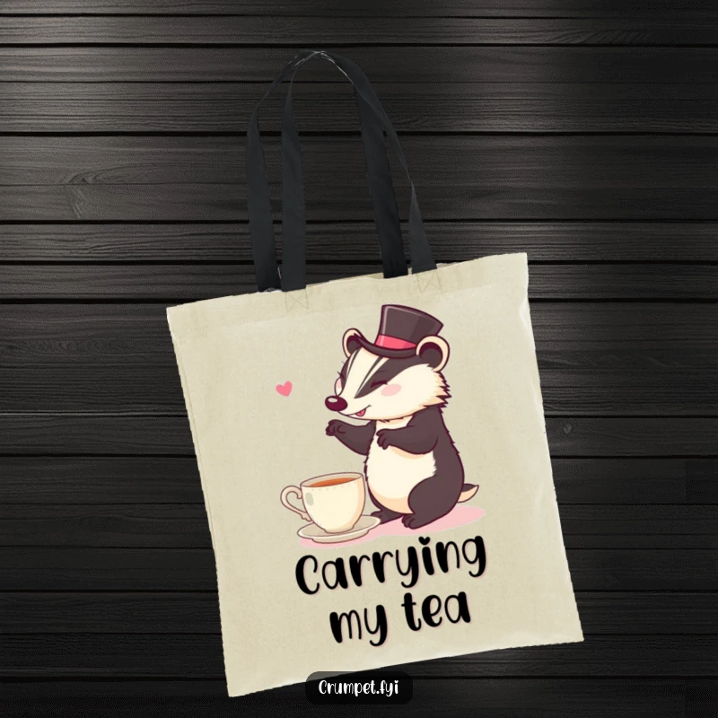 Funny Tote Bag: A cheerful badger in formal attire dances near a steaming cup of tea.