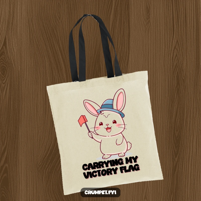 Funny Tote Bag featuring a beaming rabbit in a bowler hat waving a flag, ideal for shopping or daily use with a cheerful motif.