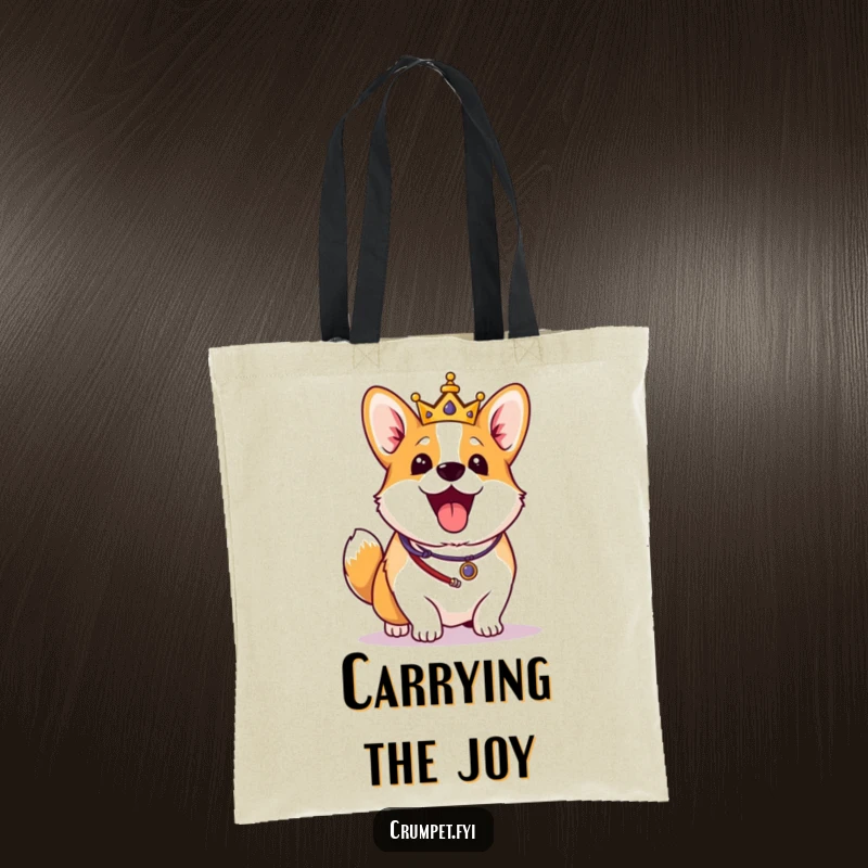 Funny Corgi Tote Bag: An excited corgi in royal regalia wags its tail vigorously, a humorous and stylish carryall for dog lovers.