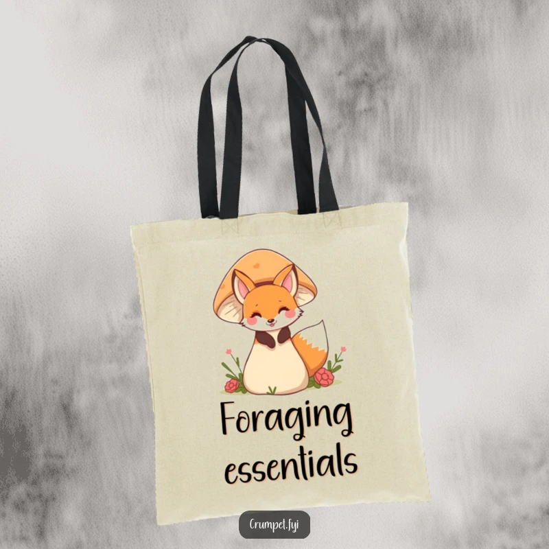 Funny fox tote bag with a mischievous fox peeking from behind a mushroom, perfect for carrying treasures and smiles.