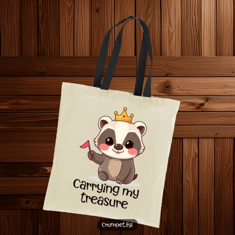 Funny Badger Crown Flag Tote Bag: A smiling badger in a tiny crown waves a small flag, perfect for carrying royal charm.