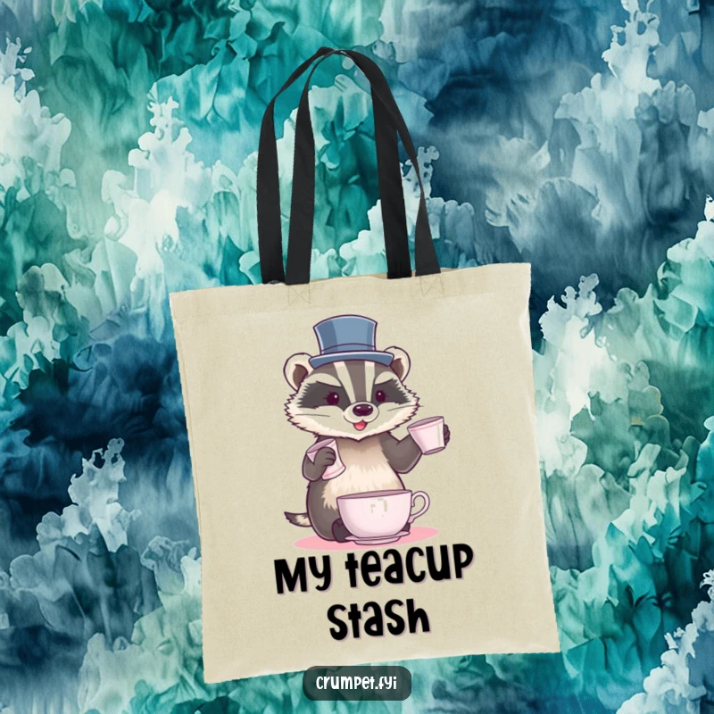 Funny Badger Tote Bag showing a badger in a top hat skillfully juggling teacups, perfect for carrying daily essentials with humor.