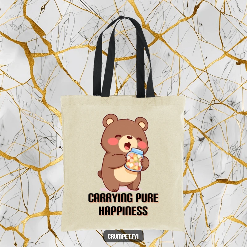 Funny bear tote bag, reusable shopping bag, stout character holding sweets jar, enthusiastic cartoon, gift for treat lovers.