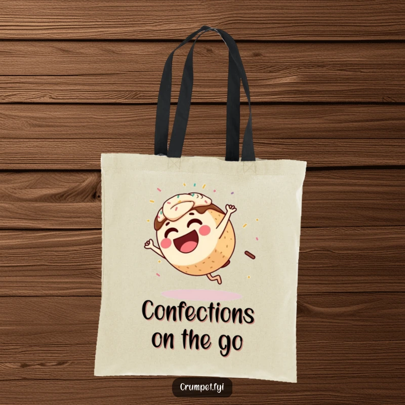 Funny Coffee Cake Tote Bag featuring an energetic character cartwheeling with sprinkles, showcasing a funny and practical accessory.