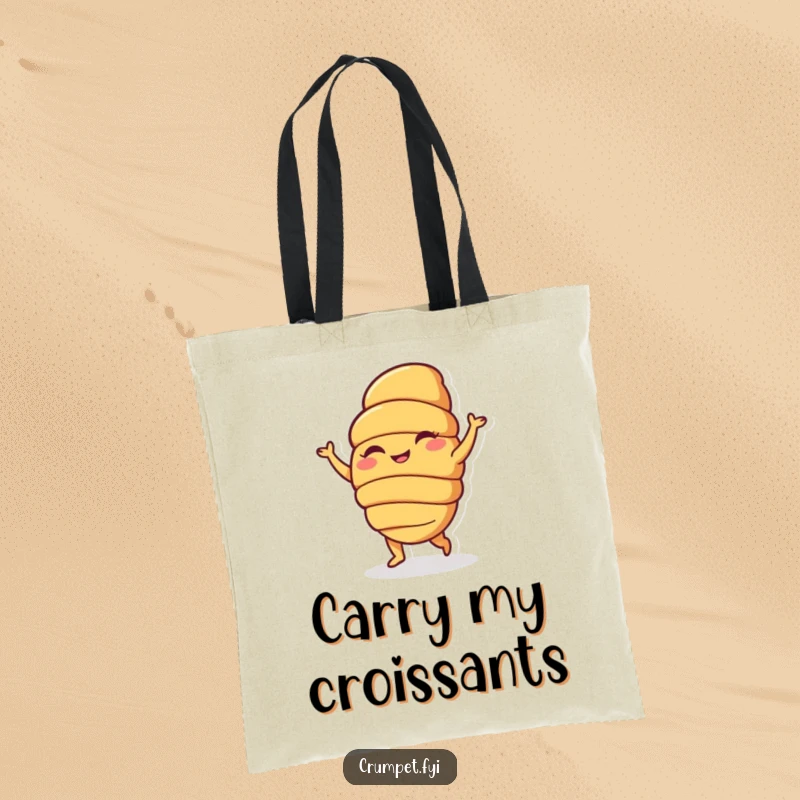 Funny tote bag with a happy croissant character doing a silly dance, perfect for carrying items with baked goods humor, ideal funny gift.
