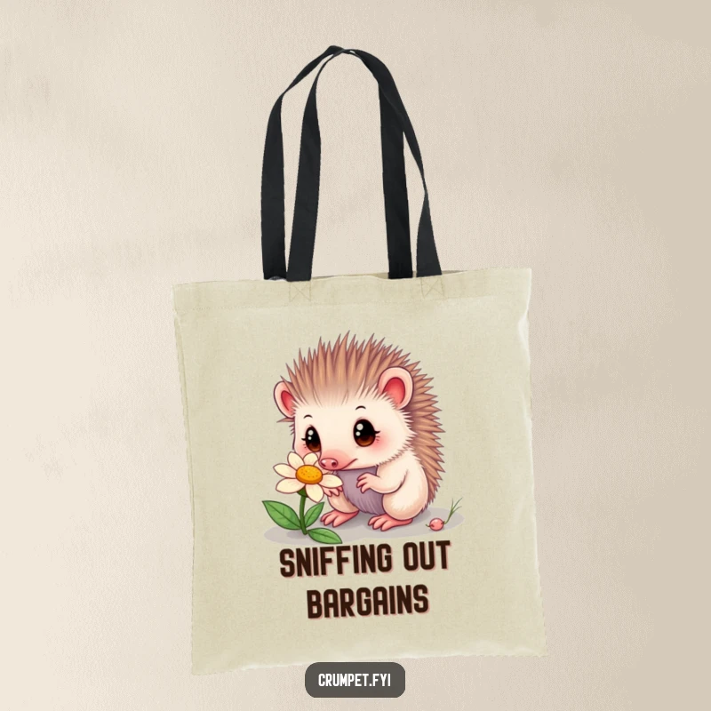 Funny echidna tote bag with a curious echidna sniffing a flower, wide eyes expressing wonder. A practical and humorous bag for everyday use.