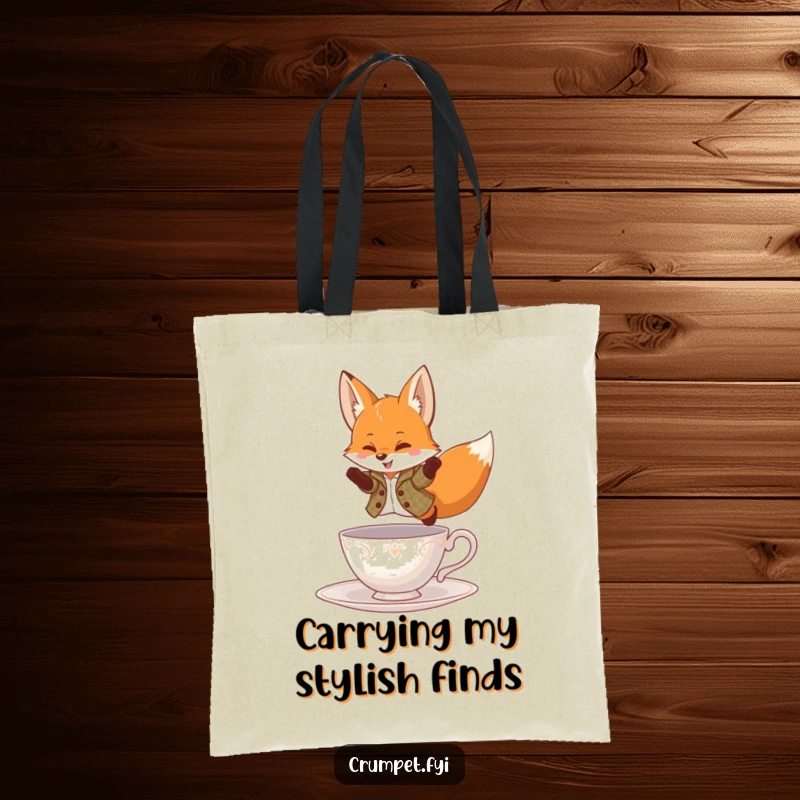 Funny Tote Bag showcasing a playful fox in a tweed jacket, leaping over a teacup, great for stylish, everyday use.