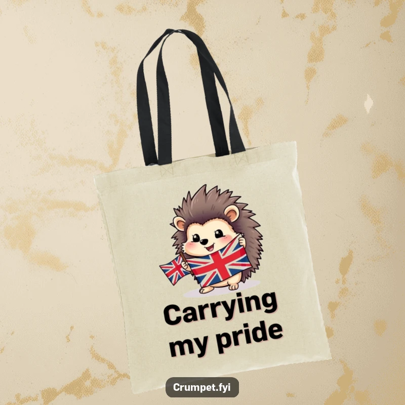 Funny happy hedgehog tote bag proudly carrying a Union Jack flag, a charming and patriotic accessory for daily use.