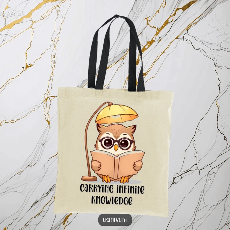 Funny Tote Bag featuring a wise owl in spectacles reading a book under a lamp, ideal for book lovers and daily use.