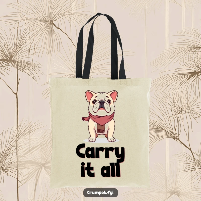 Funny proud bulldog sporting a scarf, standing tall and proud, on a durable tote bag, a strong funny item.