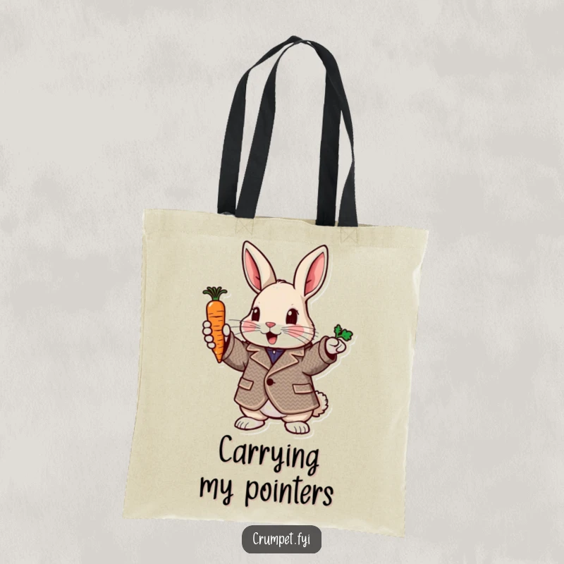 Funny rabbit tote bag featuring a rabbit in a tweed jacket pointing with a carrot, perfect for shopping and gift.