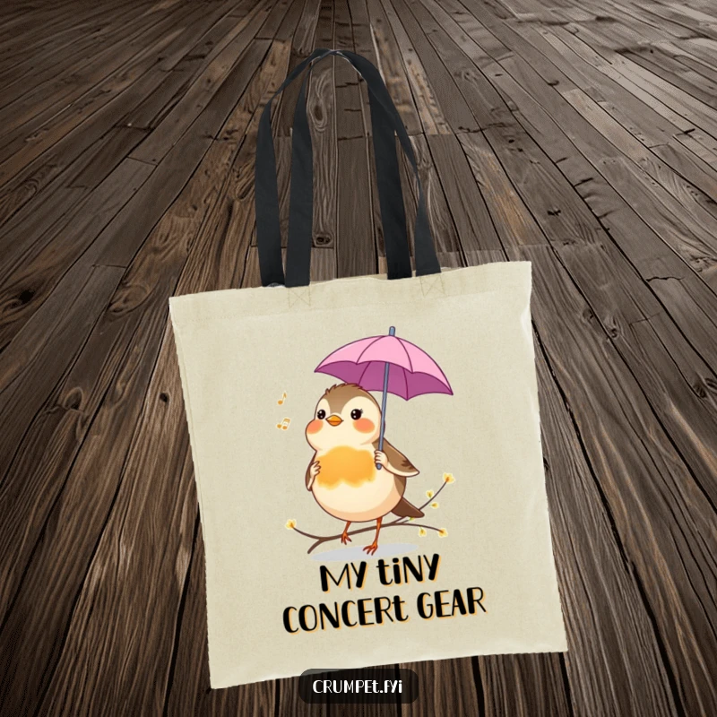 Funny Tote Bag showcasing a cheerful robin with a tiny umbrella, singing a tune, great for carrying essentials.